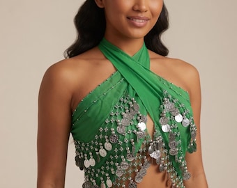 Green Belly Dance Hip Scarf with Silver Coins – Festival Costume