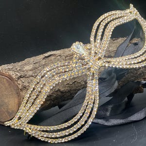 Gold Crystal Masquerade Mask – Sparkling Bling Eye Mask with Ribbon Tie