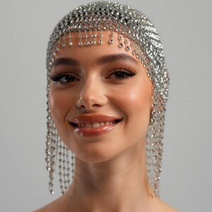 SILVER Beads Cap Handmade Beaded Cleopatra-Inspired Headpiece – Elegant Costume Accessory with Tassels image 15