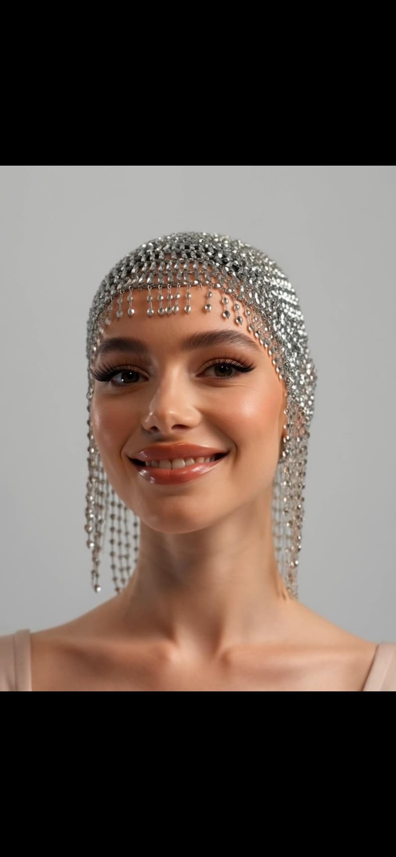 SILVER Beads Cap Handmade Beaded Cleopatra-Inspired Headpiece – Elegant Costume Accessory with Tassels image 15