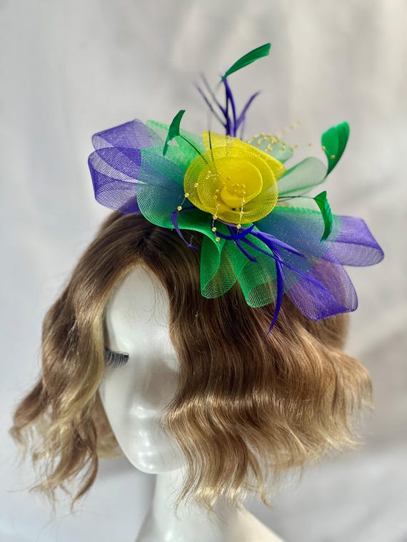 Mardi Gras Feather Fascinator: Elegant Purple, Green, and Gold