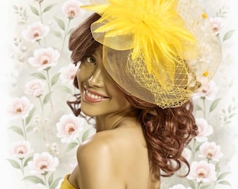 Elegant YELLOW Fascinator Hat, Mesh Feather Pearl Headpiece, Wedding Tea Party Derby Church Cocktail Headwear
