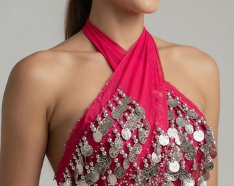 Hot Pink Belly Dance Hip Scarf - Silver Coin Tribal Costume Belt