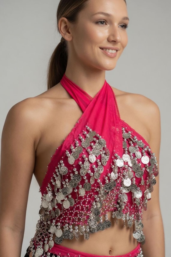 Hot Pink Belly Dance Hip Scarf - Silver Coin Tribal Costume  display picture 3