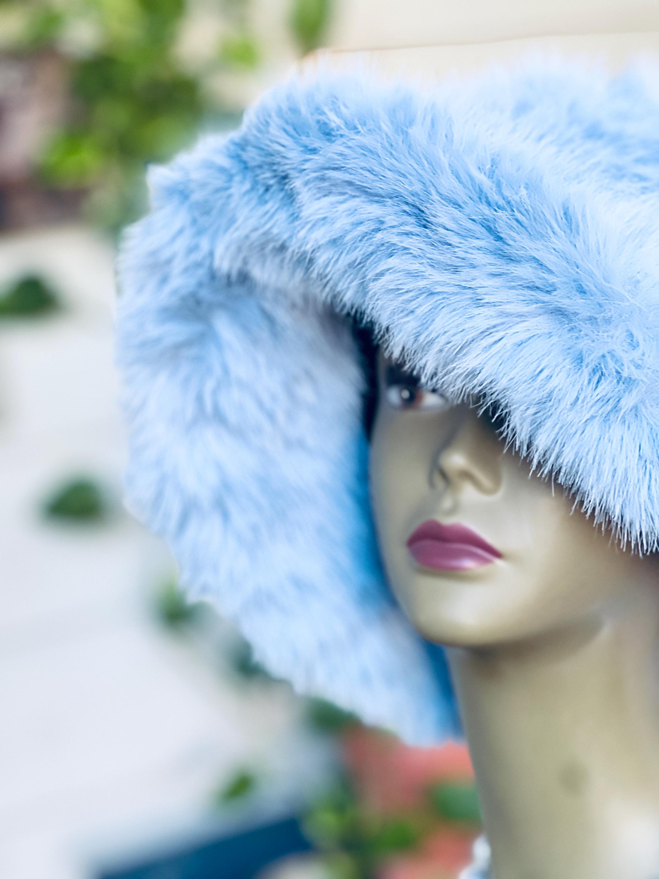 BLUE Faux Fur Bucket Hat: Fluffy Plush Winter Fisherman Hat 