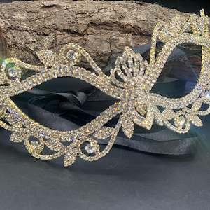 Gold Crystal Masquerade Mask – Sparkling Bling Eye Mask with Ribbon Tie