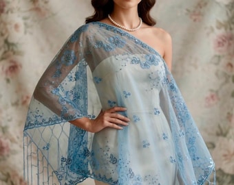 Blue Sequin Scarf: Floral Embroidery Metallic Evening Shawl
