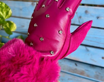 Fuchsia Faux Leather Gloves: Rhinestone Studs, Faux Fur Cuff, Touch Screen