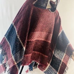 Burgundy Hooded Plaid Ruana – Warm and Stylish Wrap with Fringed Hem Travel boho style ruana