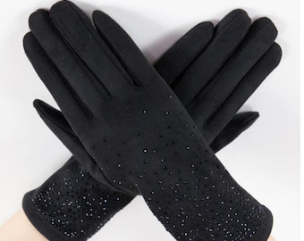 Black Quiet Luxe Rhinestone Faux Suede Gloves – Elegant, Soft, Touchscreen Winter Gloves