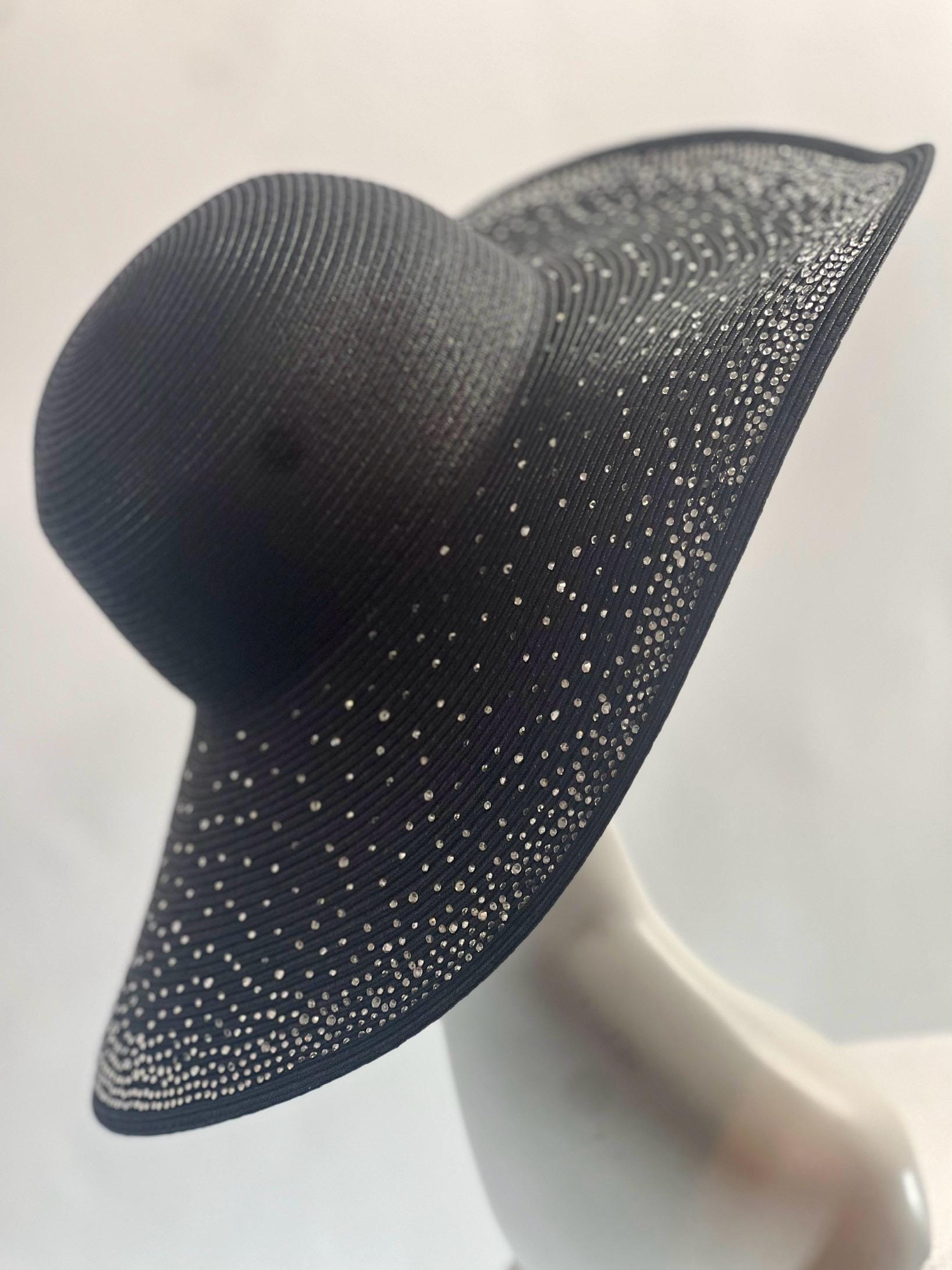 Unbranded Black Wide Brimmed Hat with Rhinestones, Gold and Silver Accents Unique Black Wide Brim Fedora Hat. Adorned With Rhinestone  main image 2
