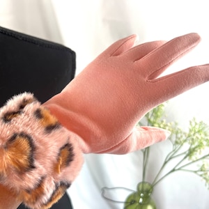 Rose Pink Gloves: Faux Fur Leopard Print Cuffs