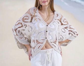 Beige Baumwolle häkeln Fledermausjacke: Boho Beach Cover-Up