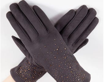 Brown Quiet Luxe Rhinestone Faux Suede Gloves – Elegant, Soft, Touchscreen Winter Gloves