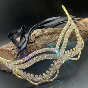 Gold Crystal Masquerade Mask – Sparkling Bling Eye Mask with Ribbon Tie