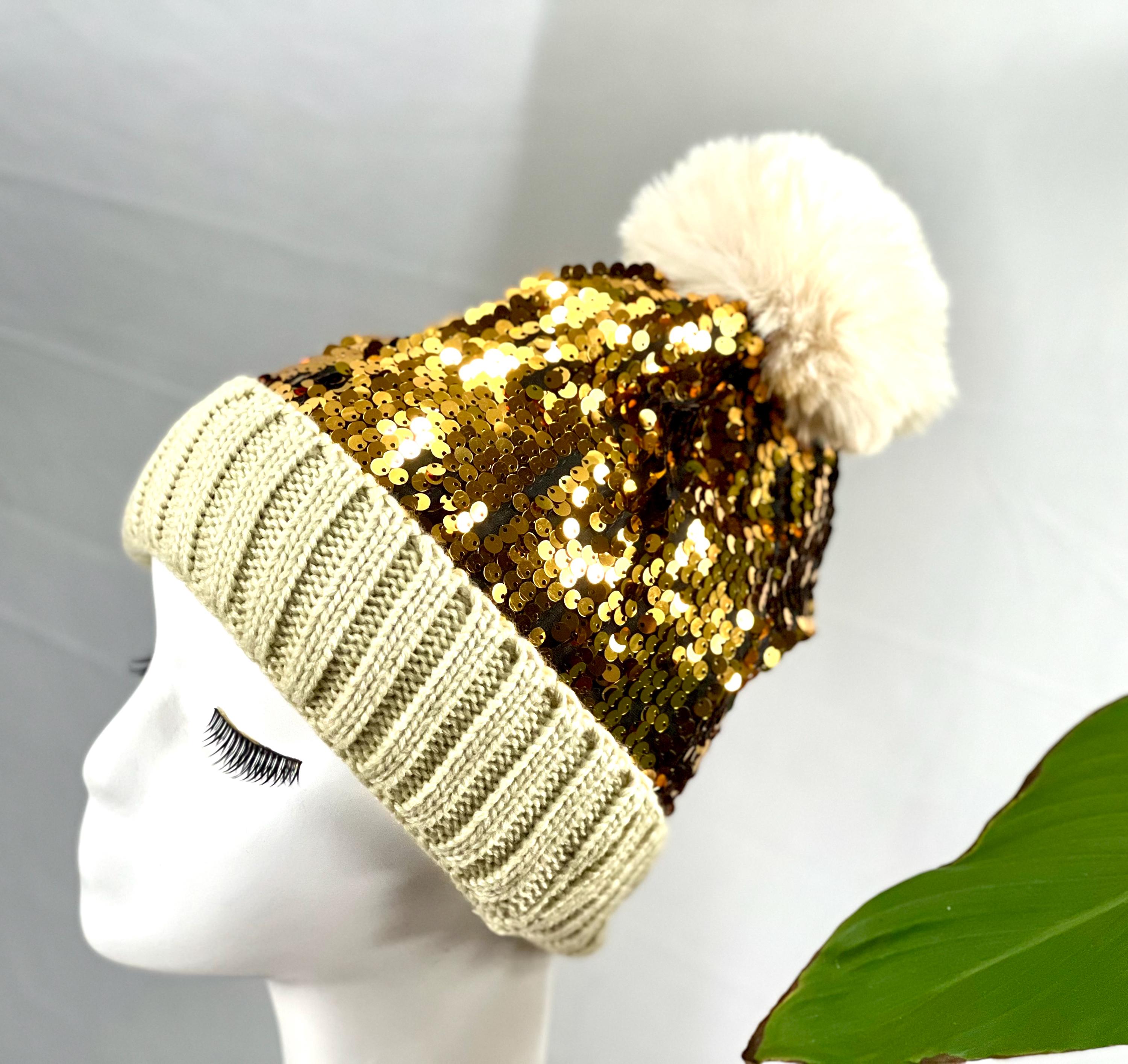 Chic Sequin-Embellished Knit Beige Beanie with Pom-Pom Luna + Luca Pom Beanie - Heather Beige main image 4