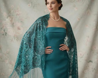 Emerald Green Sequin Scarf: Floral Embroidery Metallic Evening Shawl