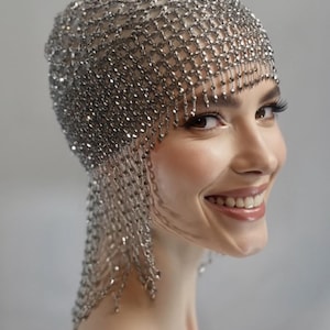 SILVER Beads Cap Handmade Beaded Cleopatra-Inspired Headpiece – Elegant Costume Accessory with Tassels image 5