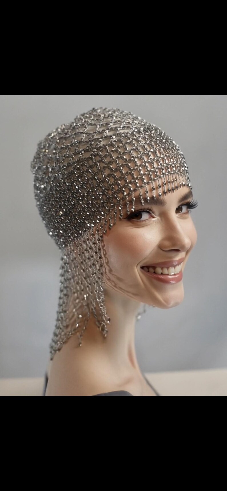 SILVER Beads Cap Handmade Beaded Cleopatra-Inspired Headpiece – Elegant Costume Accessory with Tassels image 5