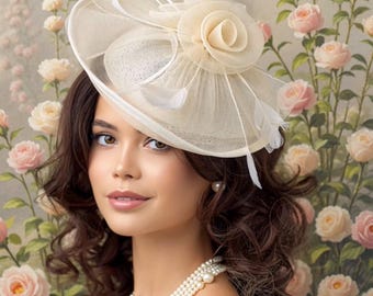 Ivory Fascinator Hat with Feather Detail, Elegant Mesh Derby Headpiece, Wedding Guest Hat, Bridal Tea Party Headwear