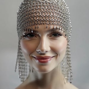 SILVER Beads Cap Handmade Beaded Cleopatra-Inspired Headpiece – Elegant Costume Accessory with Tassels image 13