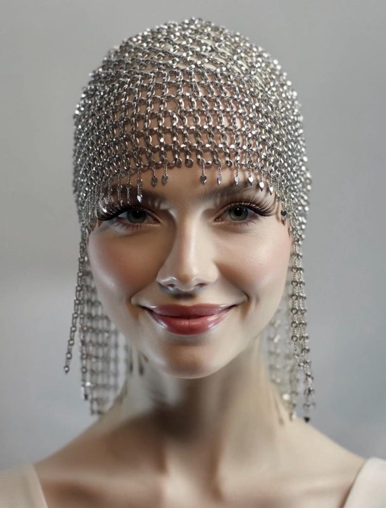 SILVER Beads Cap Handmade Beaded Cleopatra-Inspired Headpiece – Elegant Costume Accessory with Tassels image 13