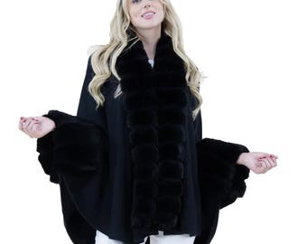 Black Cape Kozy Chic Faux Fur CENTRE TRIM Cape Luxurious Style and Comfort Black Cloak Black Wedding Cape
