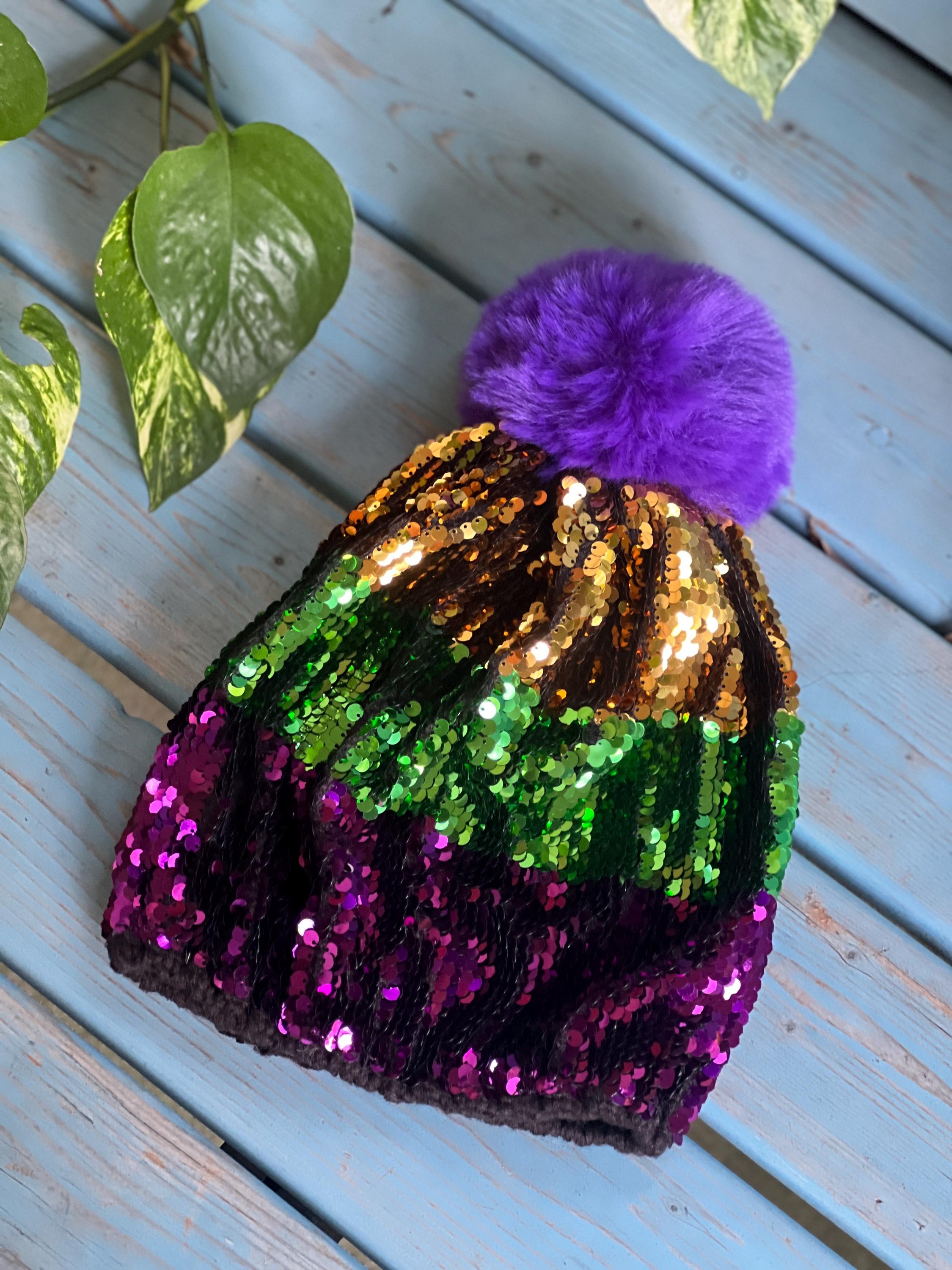 Mardi Gras Sequin Pom Pom Beanie Hat parade wear carnival Ombre Sequin Purple Mardi Gras Sequin Knit Beanie – Purple Pom Pom Winter Hat - Etsy main image 3
