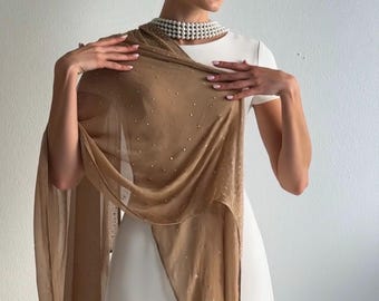 Tessuto a rete trasparente con strass color oro champagne – Tulle scintillante per abiti da sera