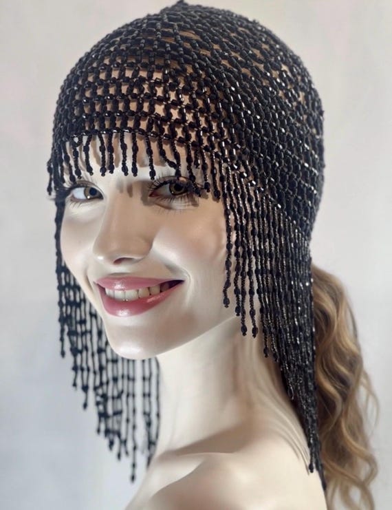 BLACK Beads Cap Handmade Beaded Cleopatra-inspired Headpiece  display picture 2