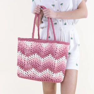 Rosa Rosa Chevron Boxy Einkaufstasche Rosa Weiß Gehäkelte Strandtasche - Sommer-Mode-Picknick-Tasche - Boho Umhängetasche mit langem Griff