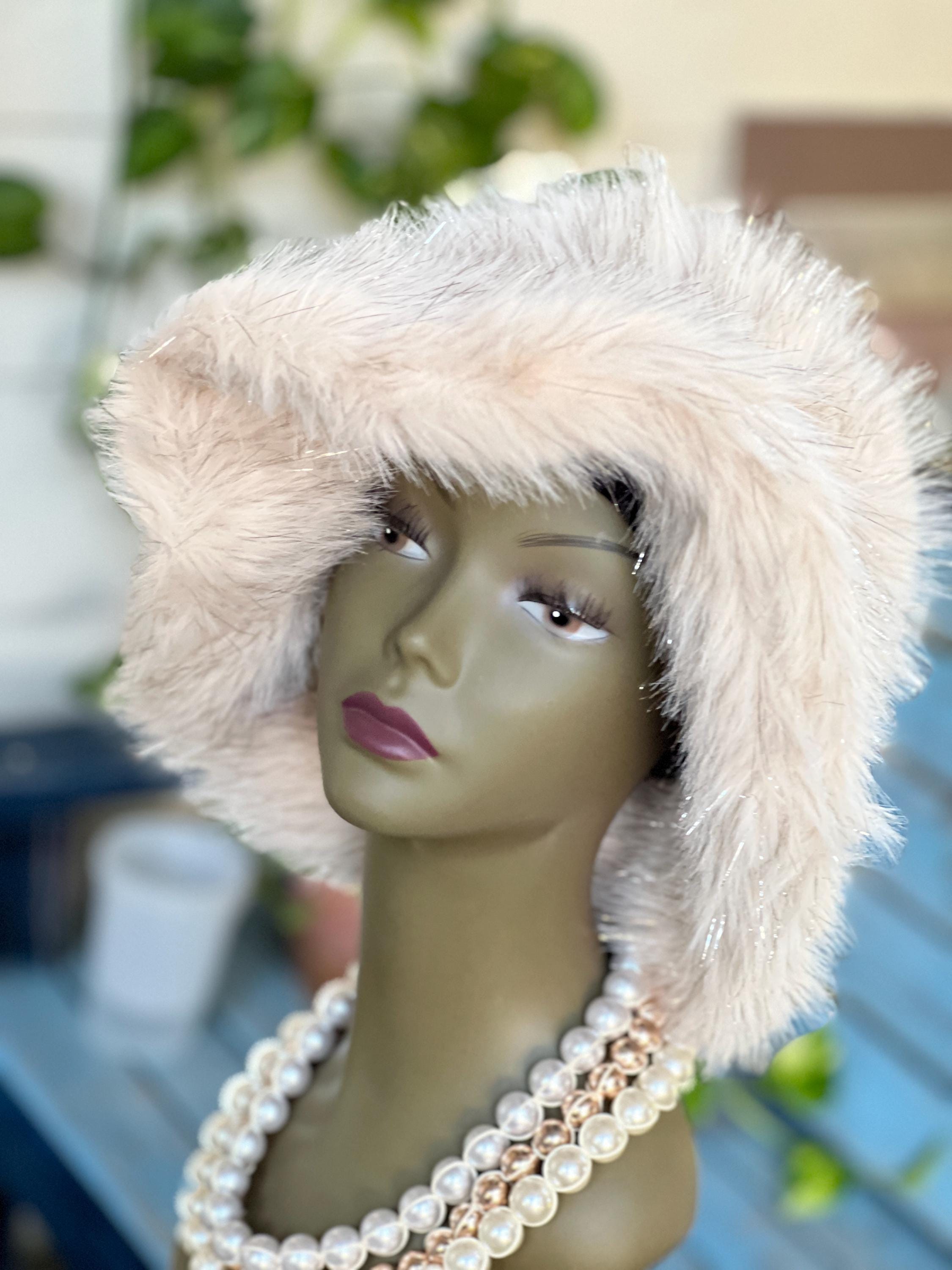 Glitter Faux Fur Bucket Hat: Beige Fluffy Winter Hat - Etsy display picture 1