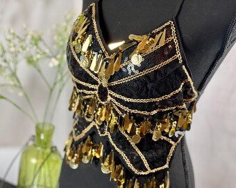 Black Sequin Bra Top Sequined Belly Dance Halter Top with Gold Coin Fringe - Adjustable Tie-Back Design