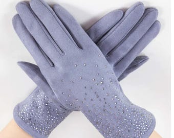 GRAY Quiet Luxe Rhinestone Faux Suede Gloves – Elegant, Soft, Touchscreen Winter Gloves