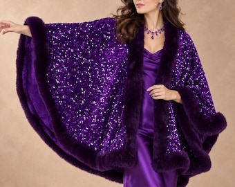 May include: A vibrant purple sequined cape featuring a thick, plush dark purple faux fur trim along the edges. The cape is worn over a matching purple satin slip dress, creating a cohesive look with a deep, rich color palette and shimmering texture.
