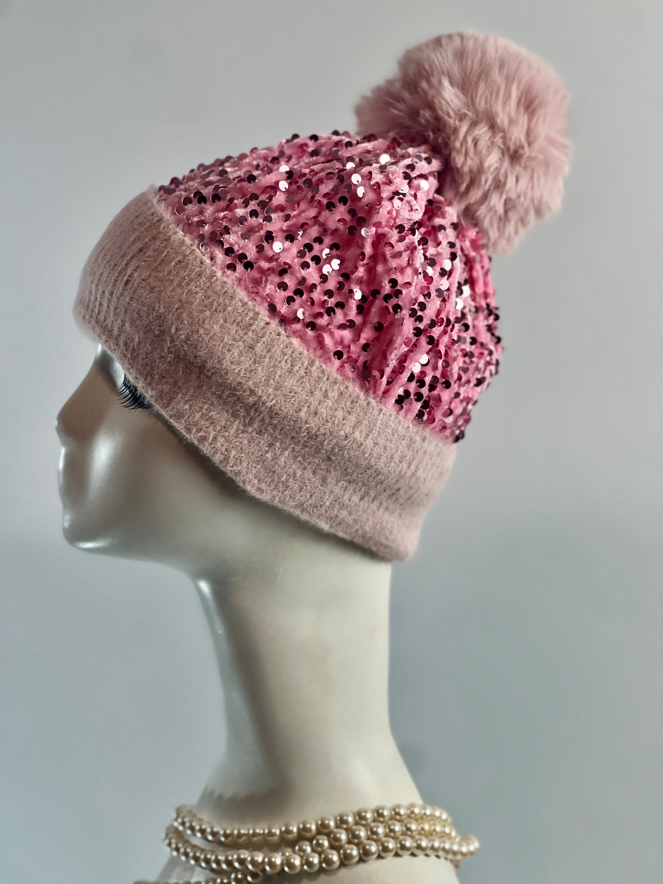 Chic Sequin-Embellished Knit Hot Pink Beanie with Pom-Pom s-l1200.jpg main image 4