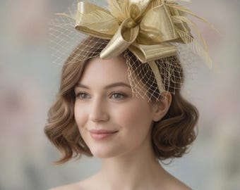 Gold Fascinator Hat, Feather Bow Birdcage Veil, Wedding Derby Headpiece