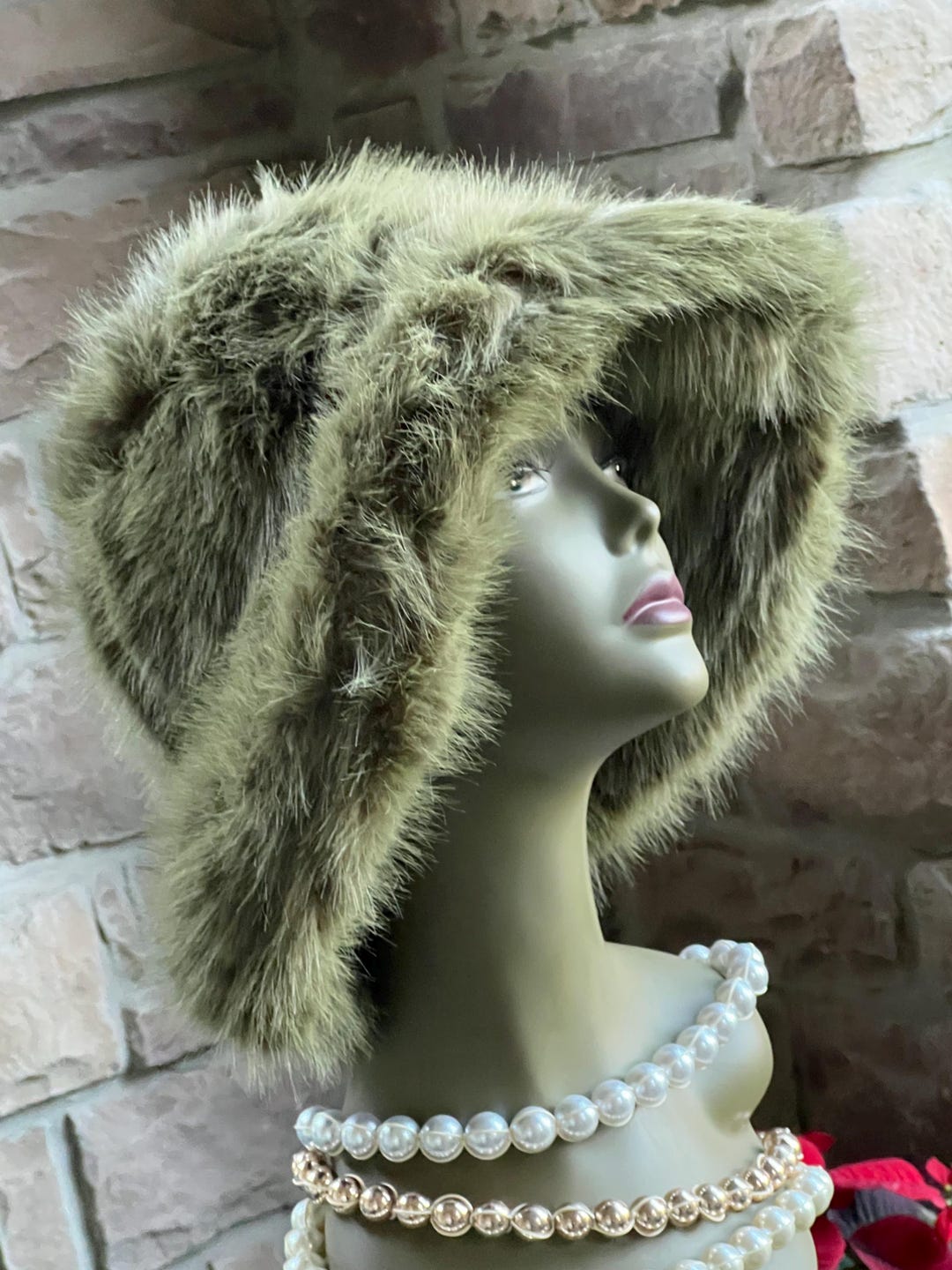 Olive Green Faux Fur Bucket Hat: Warm Plush Winter Hat - Etsy display picture 2