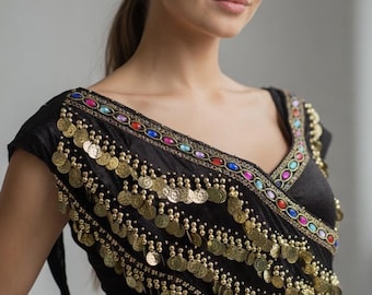 Black Velvet Belly Dance Scarf: Gold Coins, Festival Costume