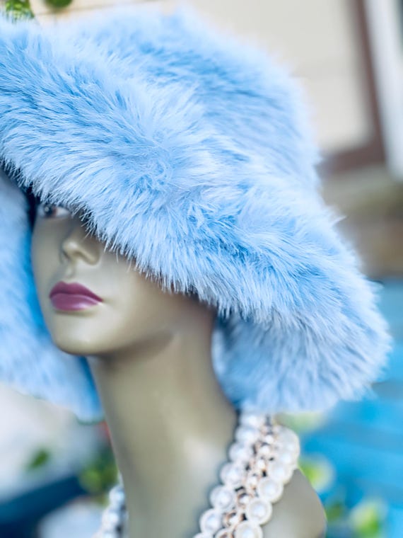 BLUE Faux Fur Bucket Hat: Fluffy Plush Winter Fisherman Hat 