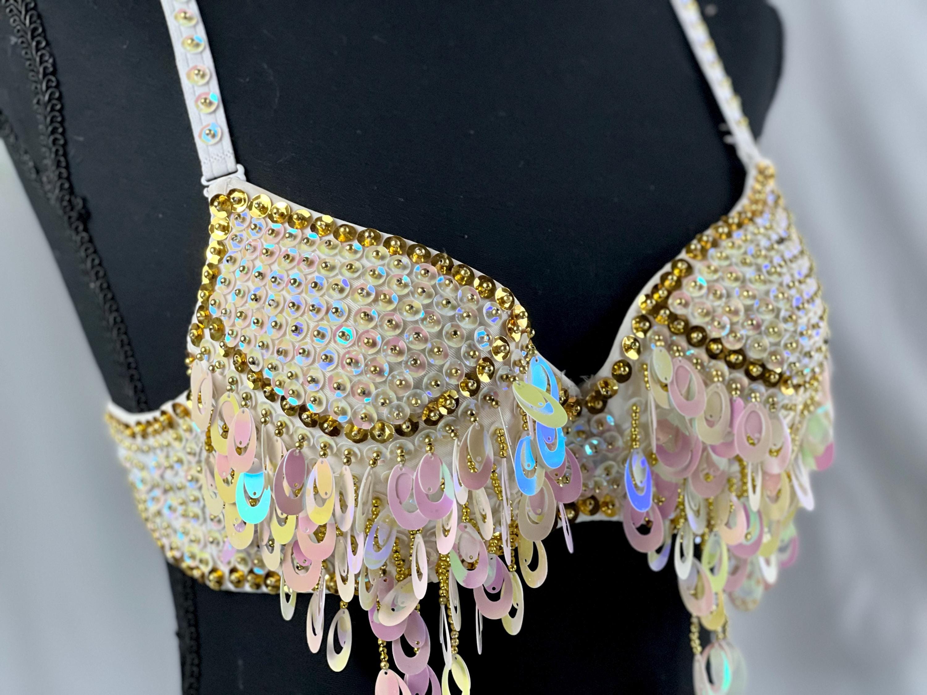 WHITE Handmade Beads and Sequin Belly Dance Bra with Tassels Design