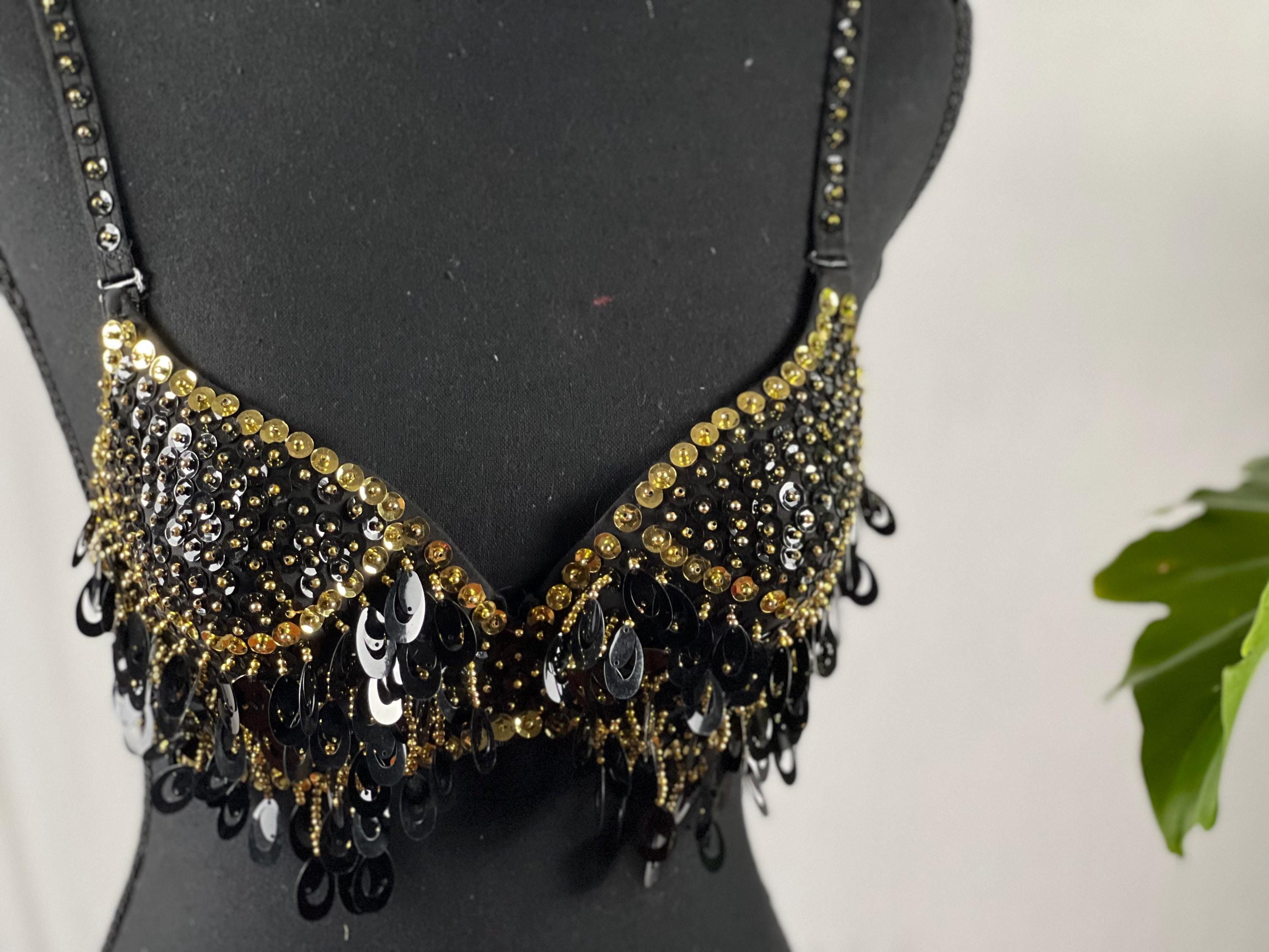 Black Handmade Beads and Sequin Belly Dance Bra with Tassels Design