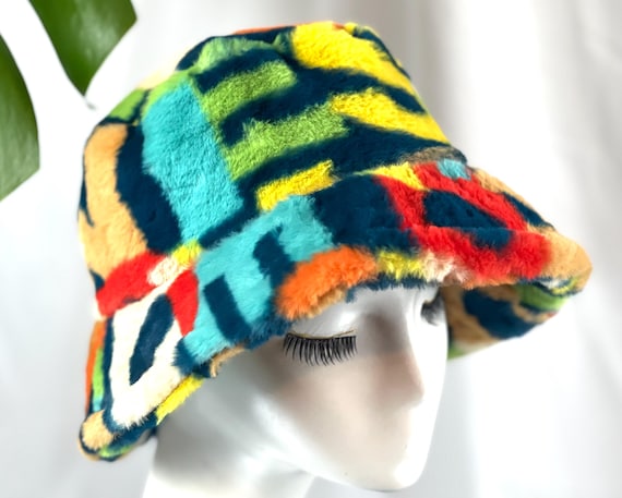 Plush Colorblock Faux-Fur Bucket Hat — Yellow, Navy, Cream & Black Faux Fur Bucket | Trendy Plush Streetwear - Past Season  main image 2