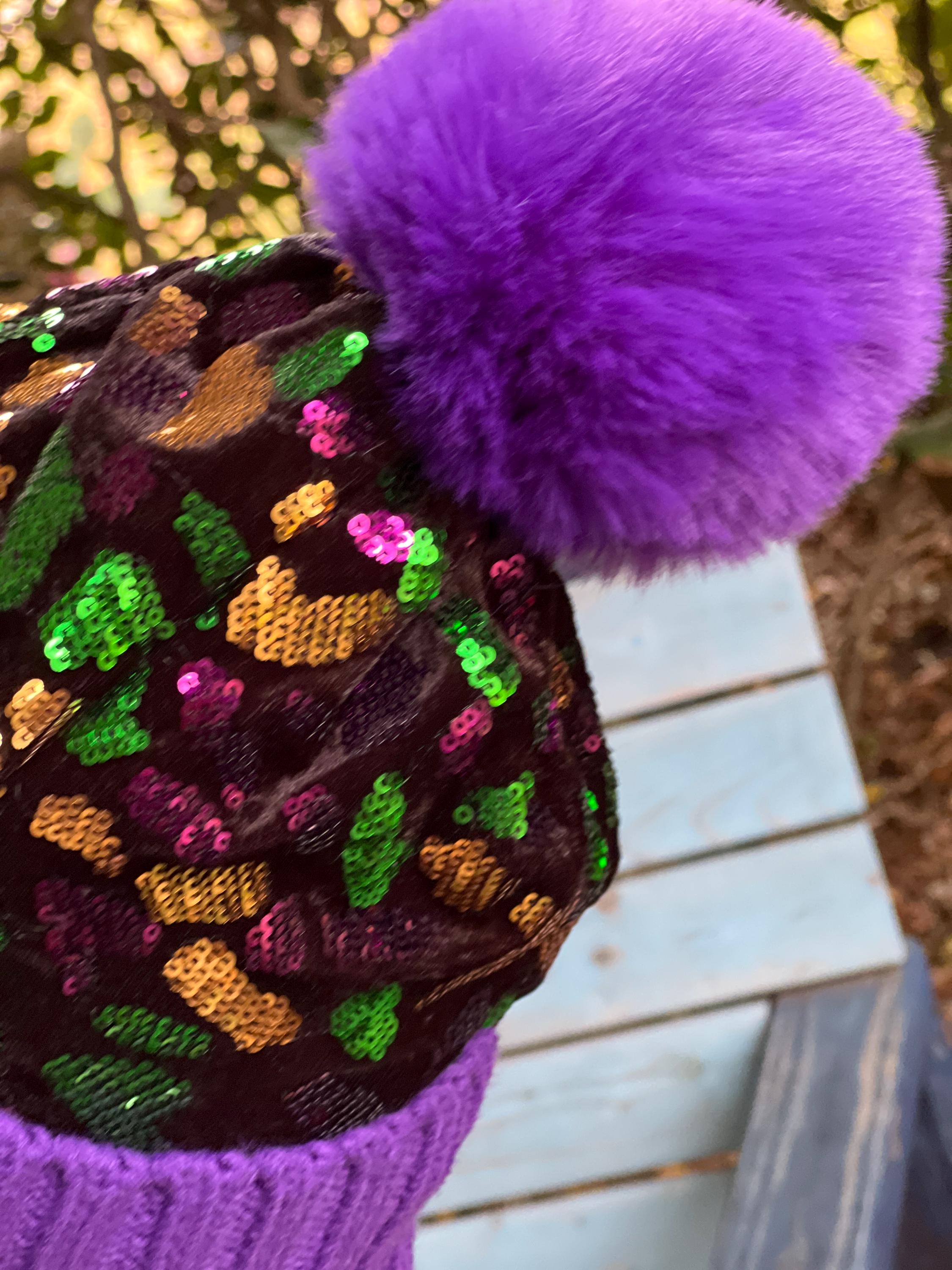 Mardi Gras Sequin Knit Beanie – Purple Pom Pom Winter Hat - Etsy