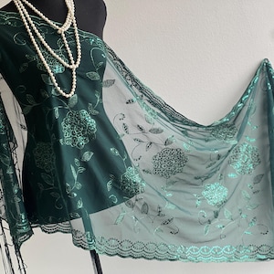 Emerald Green Floral Embroidered Shawl – Sheer Mesh Wrap with Sequins | Lightweight Evening Scarf | Elegant Party & Wedding Accessory