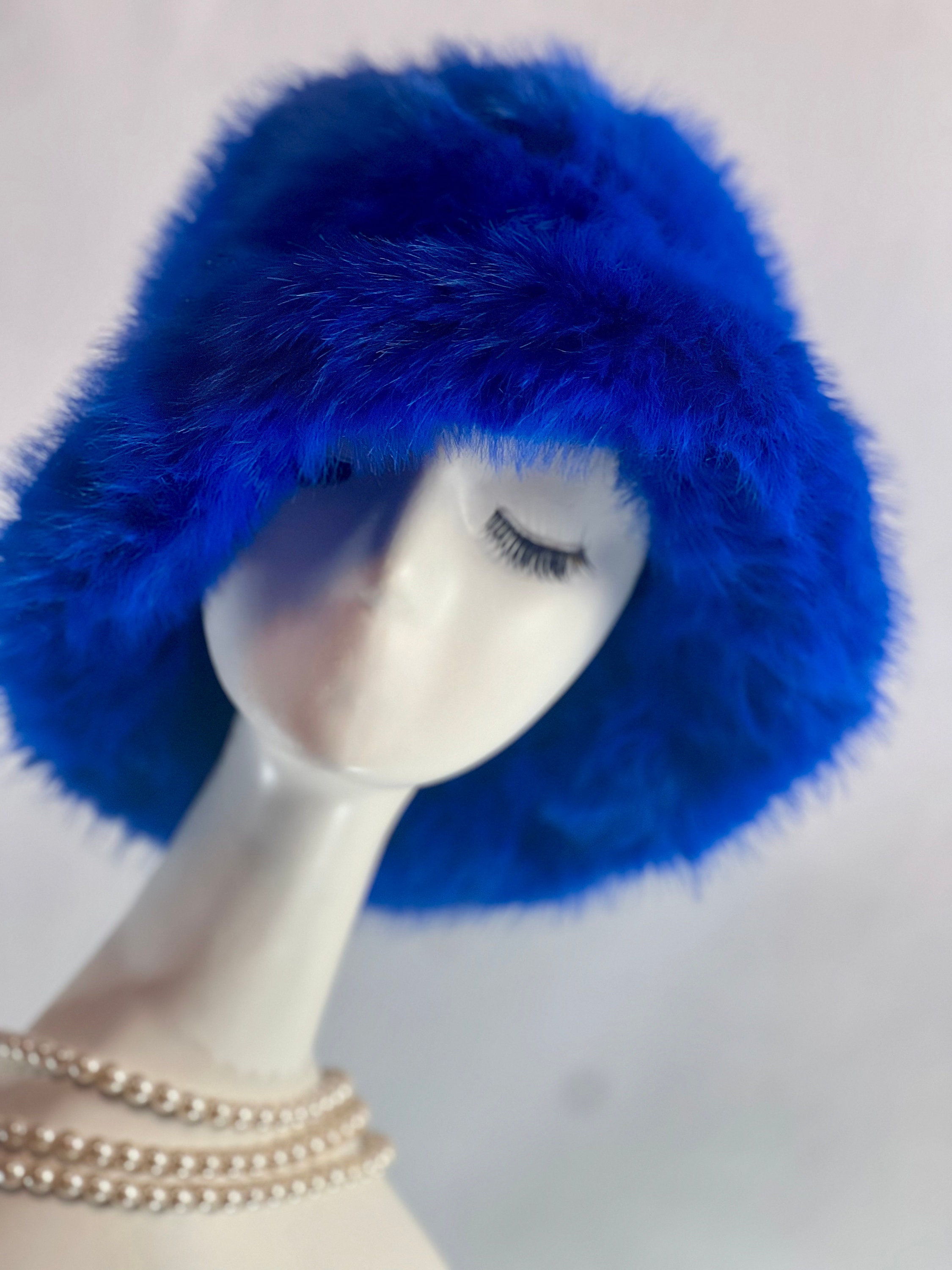 Royal Blue Faux Fur Bucket Hat: Fluffy Plush Winter Hat - Etsy display picture 1