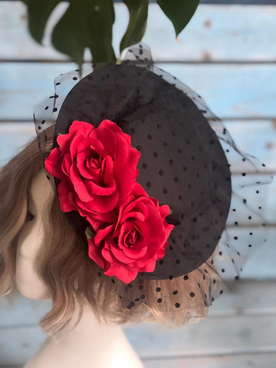 Vintage Hat Fascinator Kentucky Derby Red Rise Polkadot Sheer Headband Mesh Vintage Hat Fascinator Kentucky Derby Red Rise Polkadot  main image 4