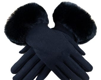 Black Faux Fur GLOVES  Plush Faux Fur Trim Gloves – Softness and Style Combined
