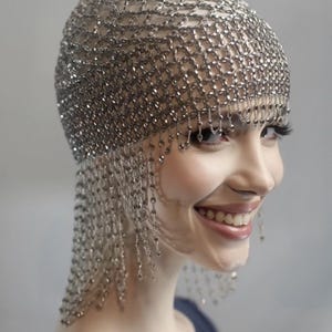 SILVER Beads Cap Handmade Beaded Cleopatra-Inspired Headpiece – Elegant Costume Accessory with Tassels image 2