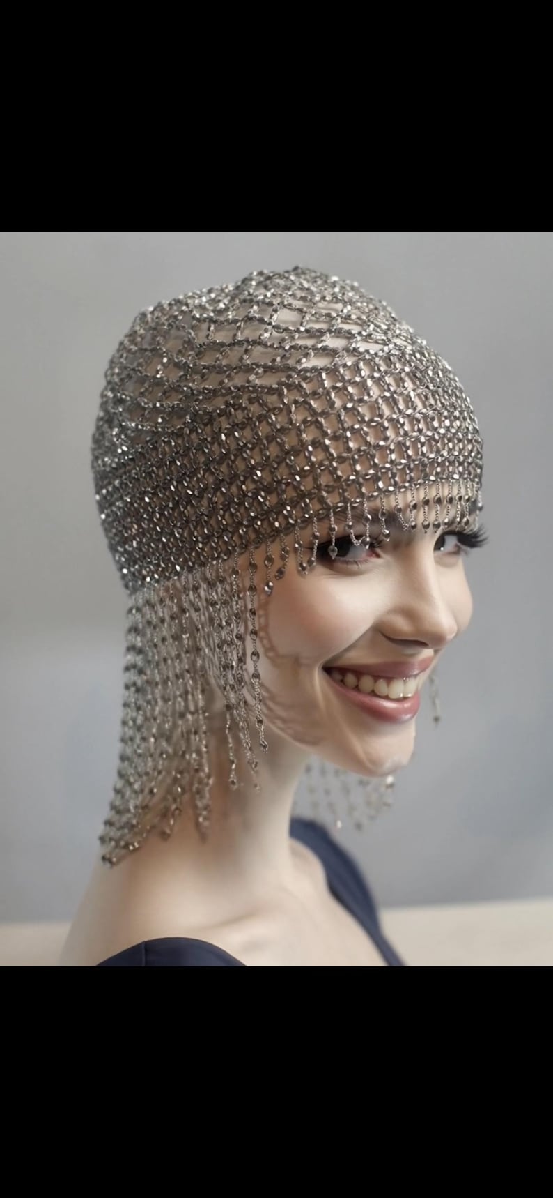 SILVER Beads Cap Handmade Beaded Cleopatra-Inspired Headpiece – Elegant Costume Accessory with Tassels image 2